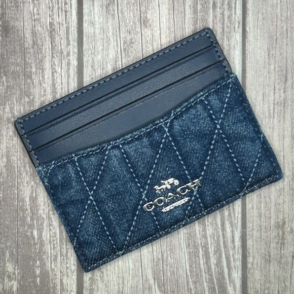 NEW COACH Denim & Leather Quilted Slim ID Card Case Compact Wallet - Picture 4 of 10